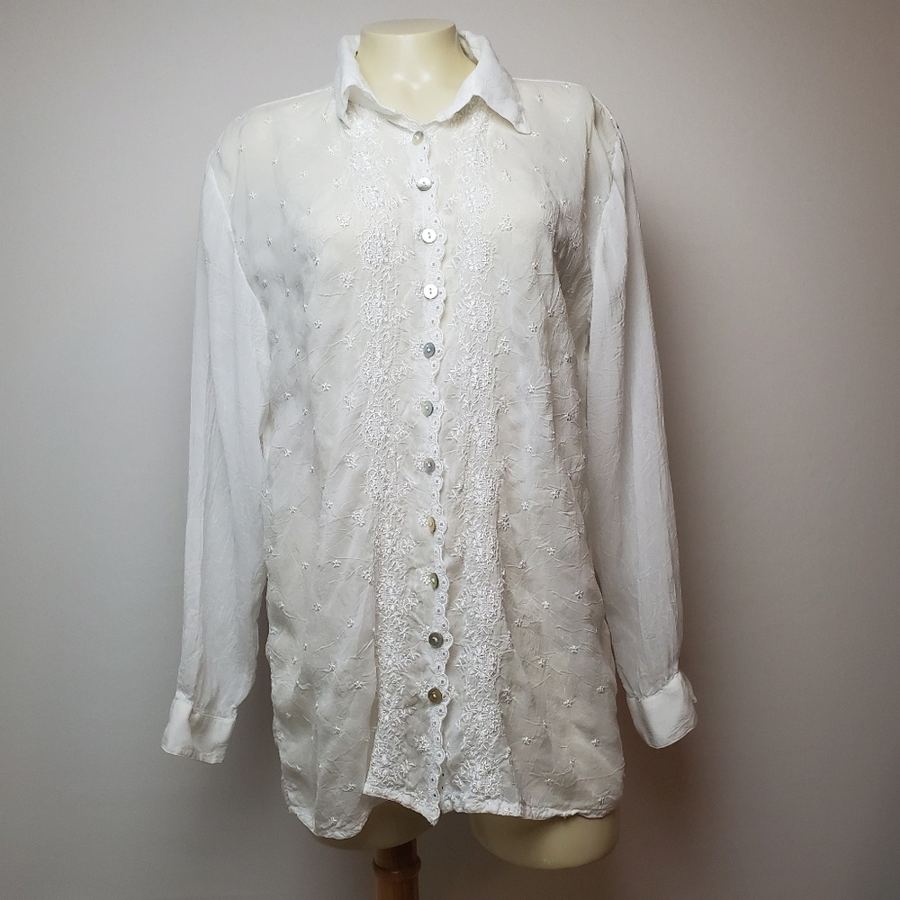 JOHNNY WAS EMBROIDERY SHEER TOP MEDIUM